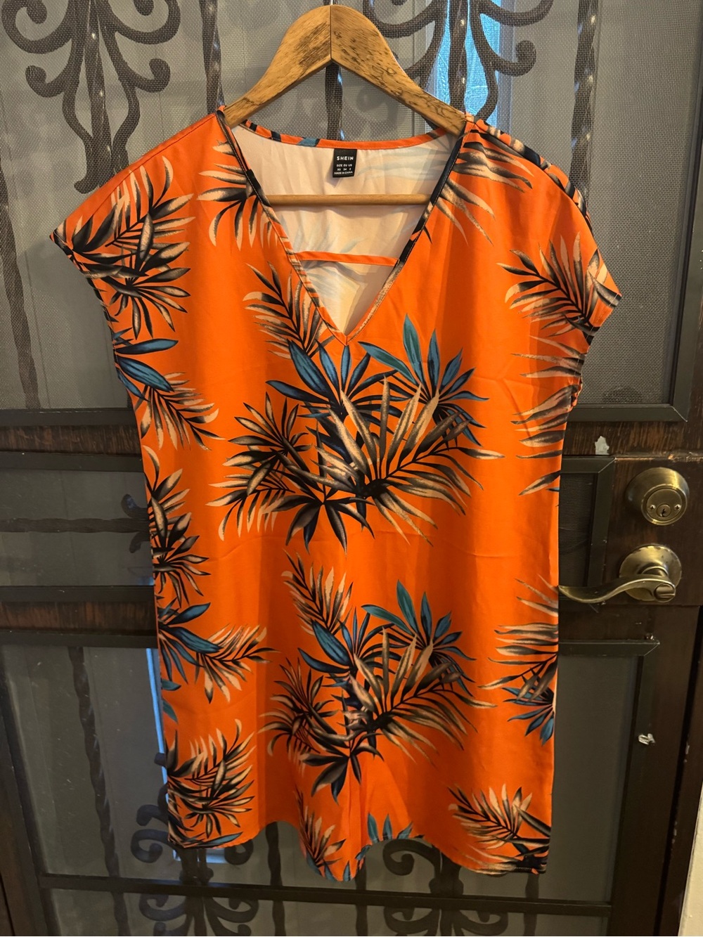 NWOT SHEIN Orange Tropical Palm V-Neck Mini Dress